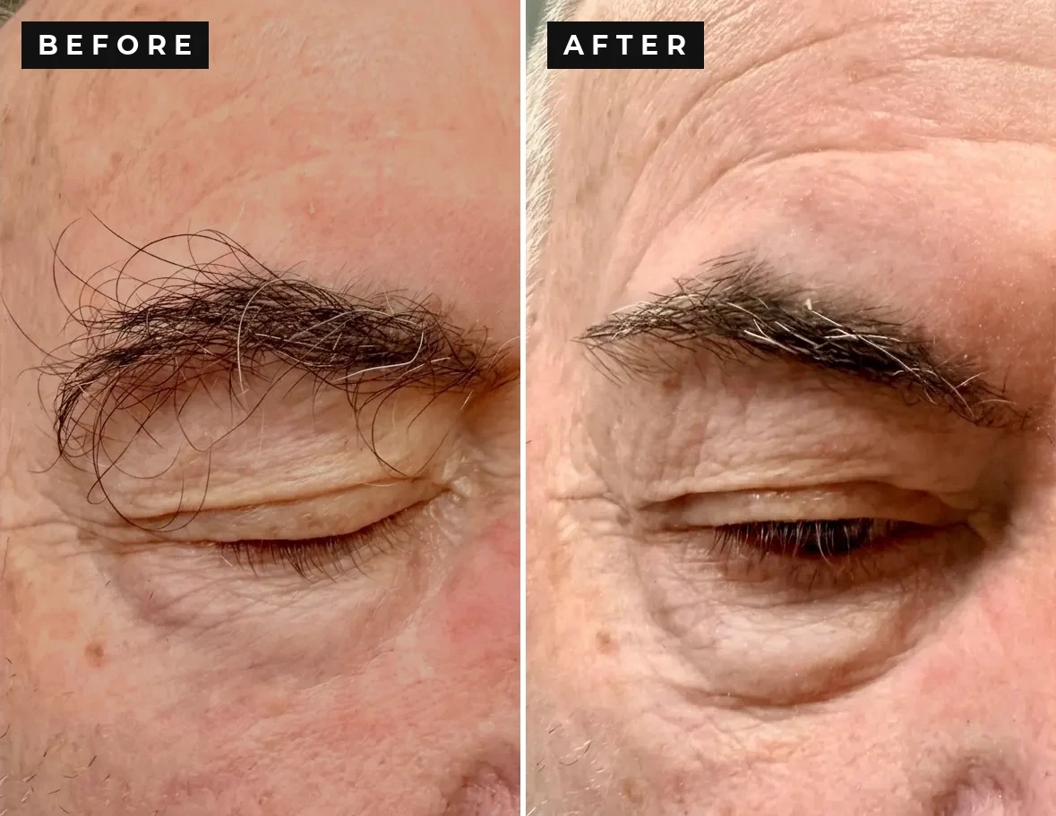 Before and after of a men's eyebrow trim by Reza Barber in Irvine, CA — overgrown brows trimmed natural with scissors