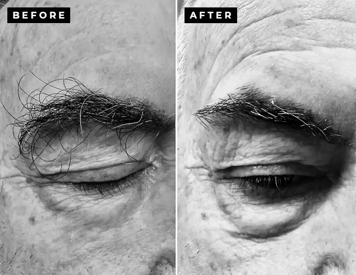 Before and after of a men's eyebrow trim by Reza Barber in Irvine, CA — overgrown brows trimmed natural by hand with scissors