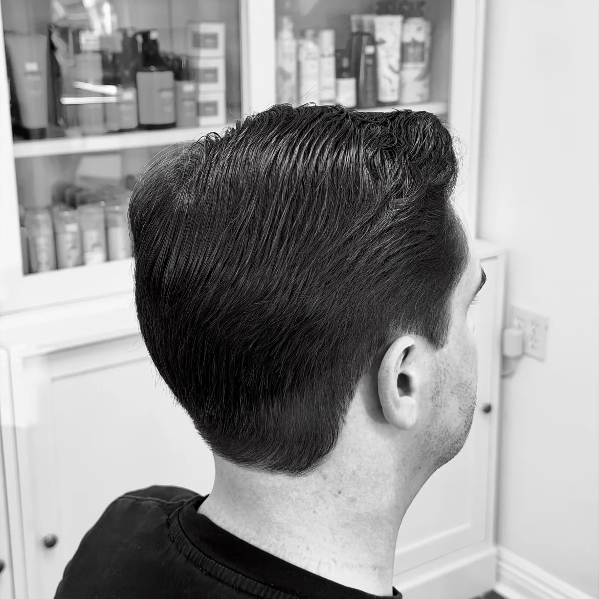 Men's scissor cut with a natural taper blended short around the ear, Irvine CA