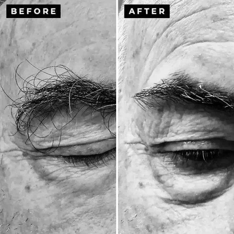 Before and after of a men's eyebrow trim done by hand with scissors, Irvine CA